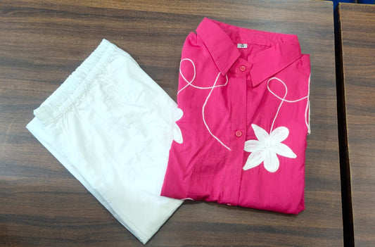 Cotton 60*60 Aari Embroidered Top with Poplin Bell Bottom Pant