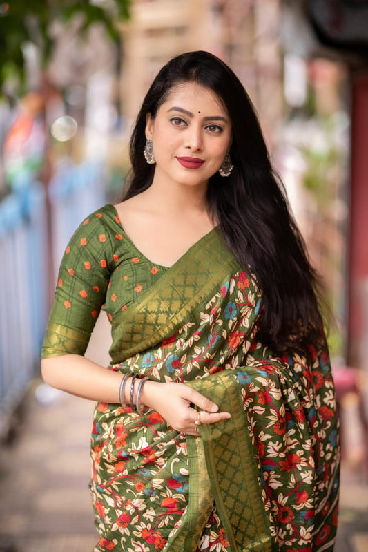 Mehendi Slub Silk Kalamkari Saree with Jacquard Zari Border