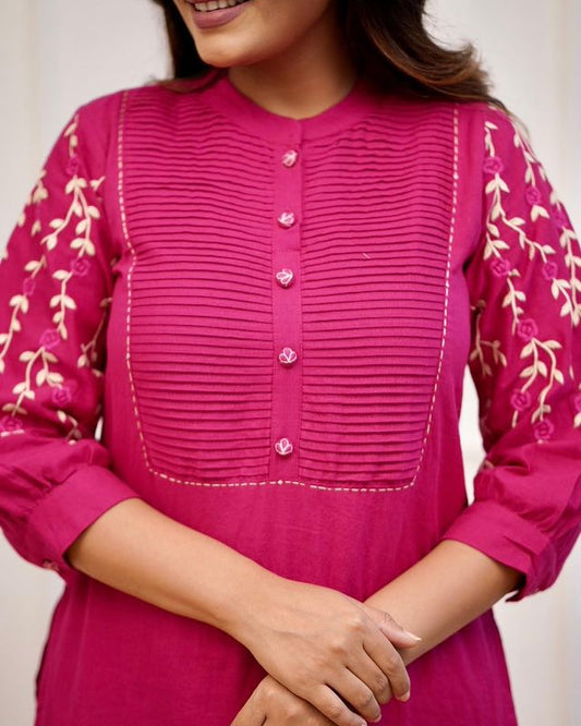 Hot Pink Kurti Pant Set with Embroidery & Pintex Detailing