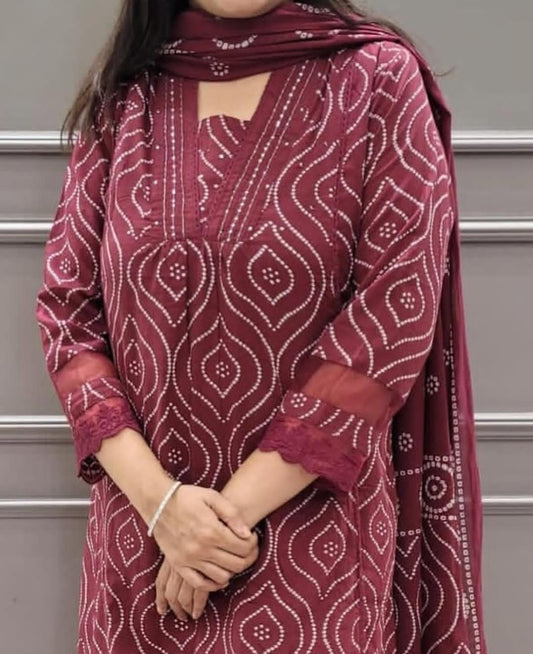 Cotton 60x60 Printed Kurti Set with Embellished Neckline, Cotton Pant, and Malmal Dupatta - Fully Stitched