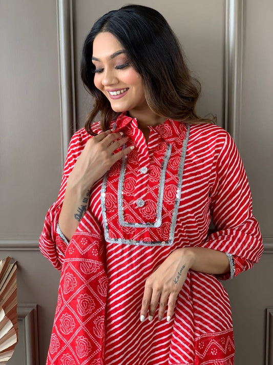 Cotton Kurta Set with Lace Adorned Yoke and Afghani Pant