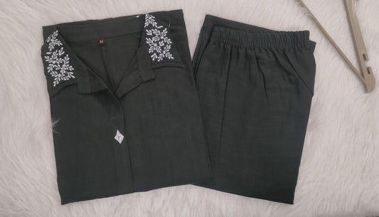 Cotton Slub A-Line Kurti with Embroidered Collar & Palazzo Set