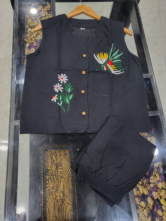 Cotton Slub Aari Work Co-Ord Set – Bird & Floral Embroidery
