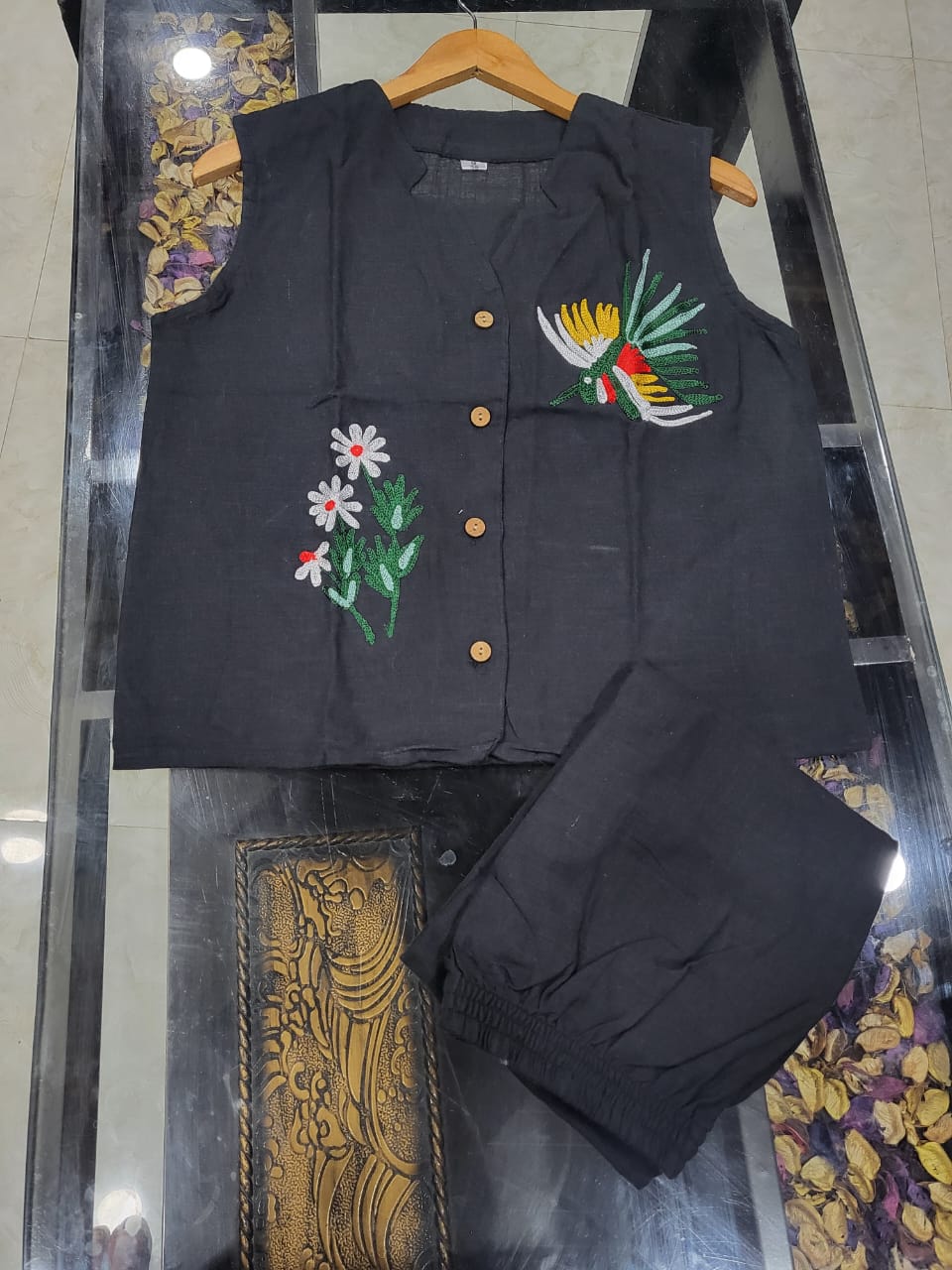 Cotton Slub Aari Work Co-Ord Set – Bird & Floral Embroidery