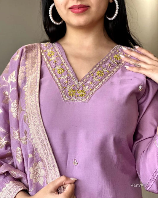 Embroidered Rayon Slub Kurta Set with Banarsi Silk Dupatta