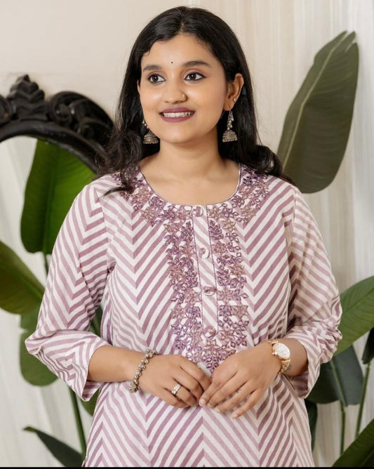 Embroidered Lahriya Kurta Set with Adda Work in Saganeri Print