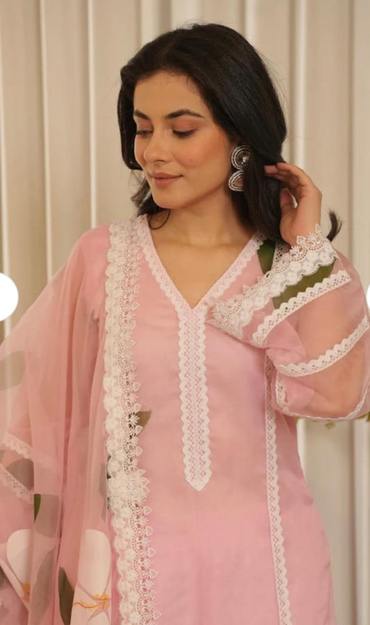 Cotton Kurti Pant Set with Organza Dupatta