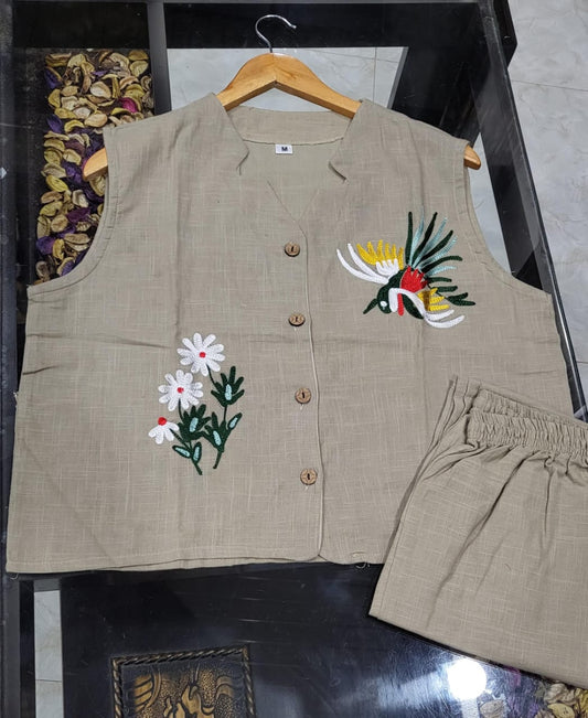 Cotton Slub Aari Work Co-Ord Set – Bird & Floral Embroidery