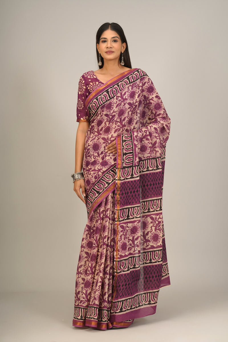 Sanganeri Hand Printed Cotton Zari Saree with Blouse