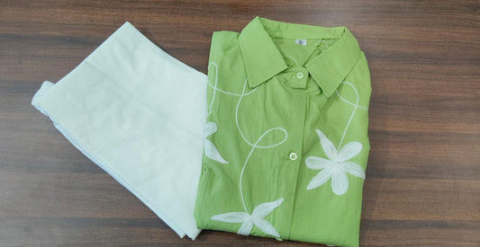 Cotton 60*60 Aari Embroidered Top with Poplin Bell Bottom Pant