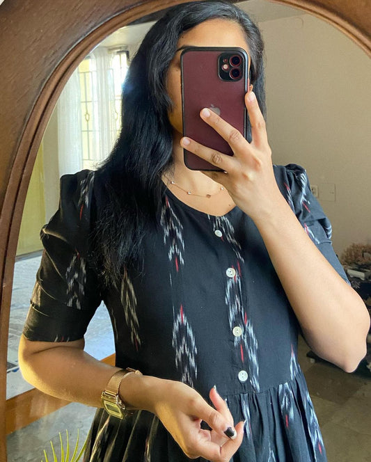 Black Ikkat Print Cotton Flair Middy Gown - 47" Length, 61" Flair