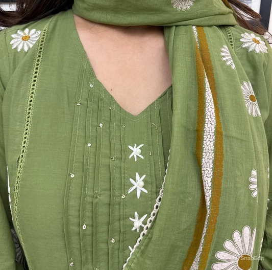 3 Piece Cotton Pintex Kurti Pant Dupatta Set with Embroidery