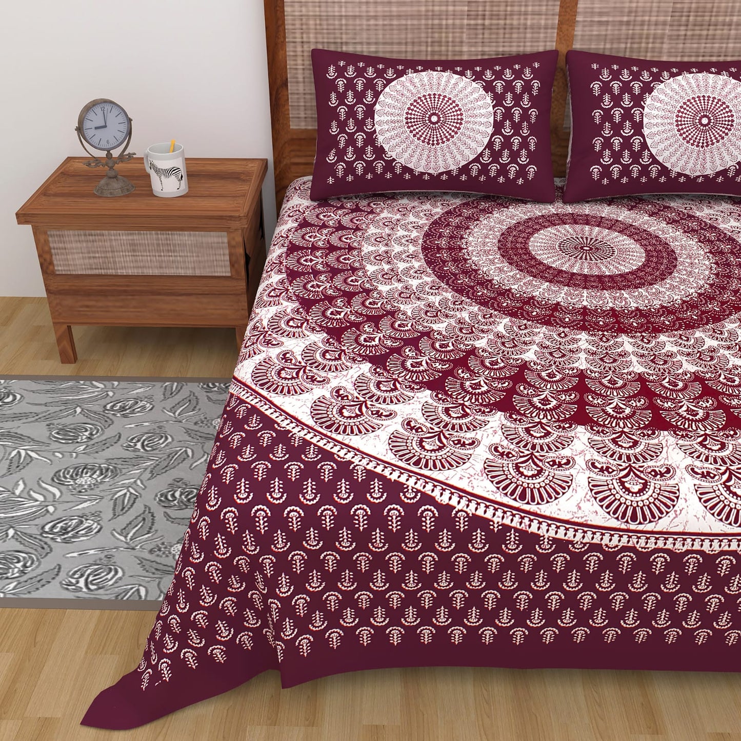 Jaipuri Double Bedsheet Set with Two Pillow Covers - 90x100 Size