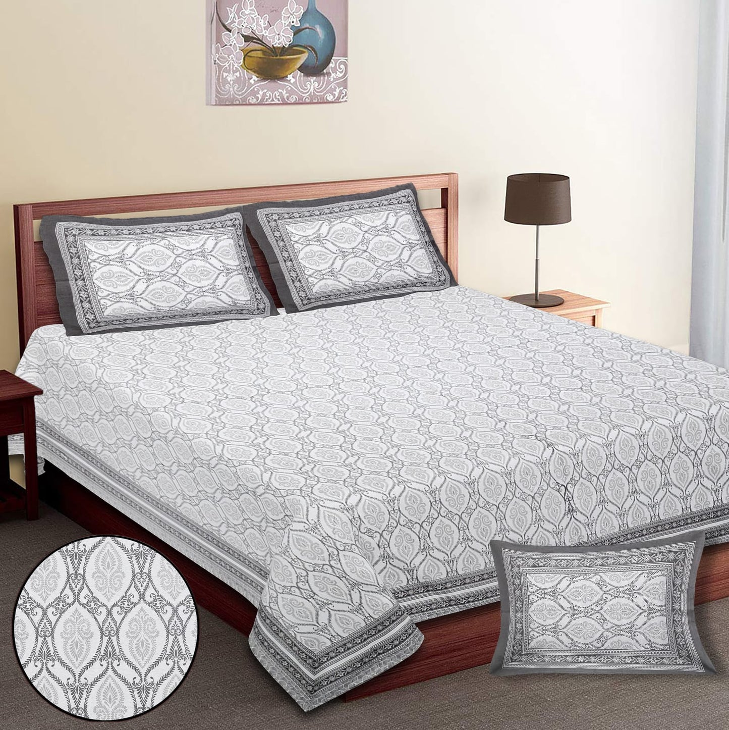 King-Size Cotton Bedsheet Set with Pillow Covers