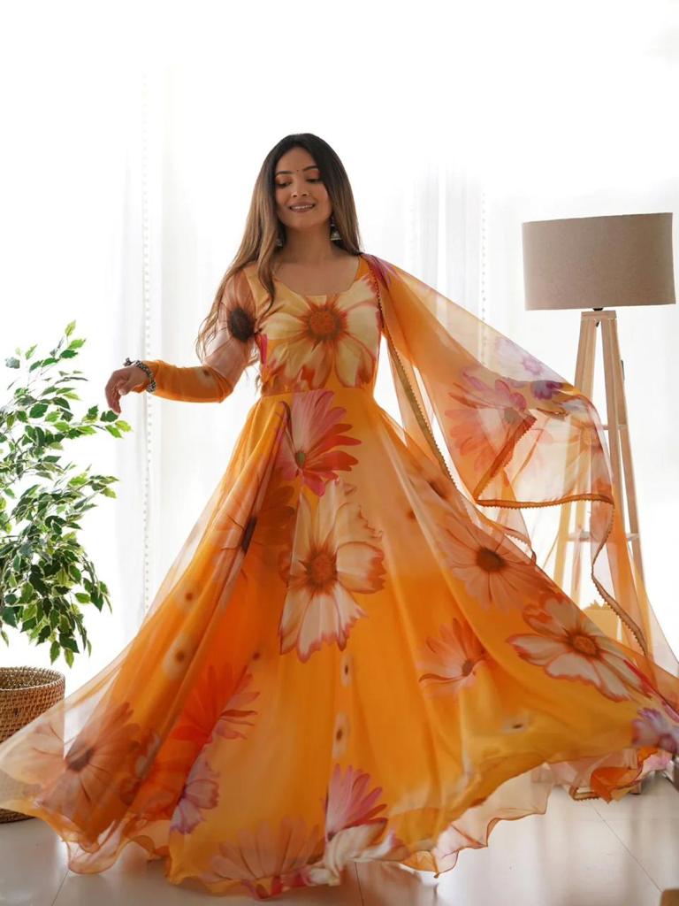 Mustard Yellow Tubby Organza 2-Piece (Gown Dupatta) Set with