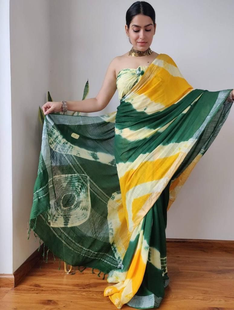 Linen Saree with Shibori Print and Tassels