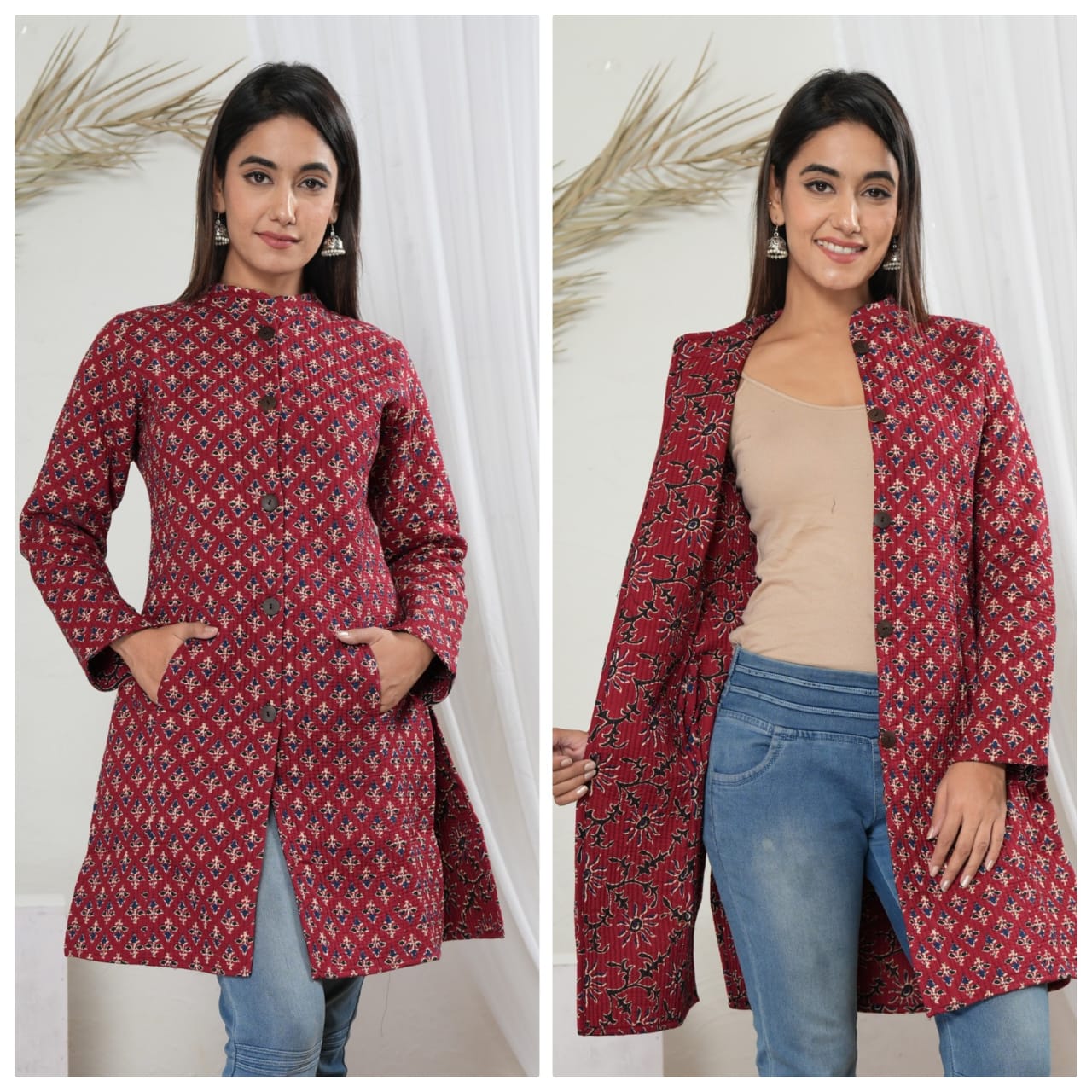 A woman wearing a reversible quilted cotton long coat with a red pattern on one side and a solid beige color on the other, paired with blue jeans.