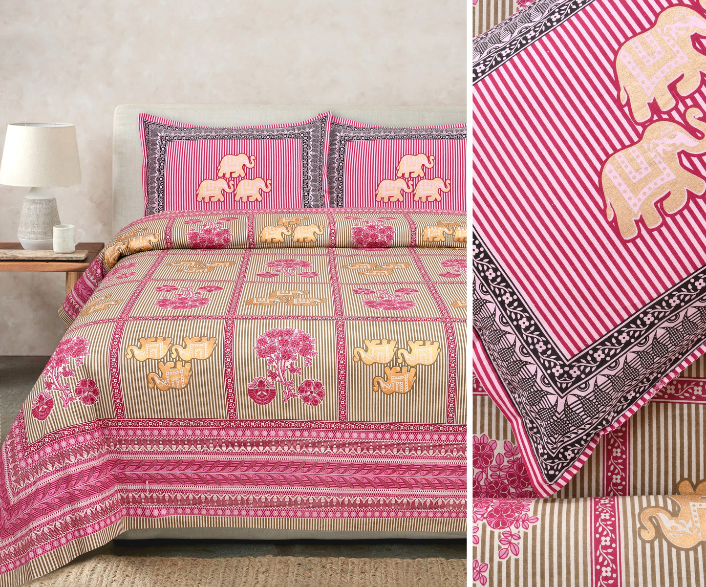 Gold Printed Cotton Bedsheet Set with Coordinating Pillow Covers