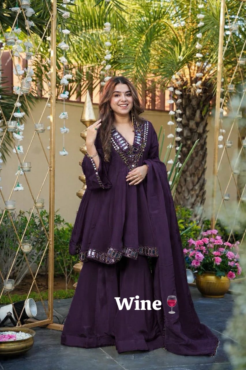 3PC Peplum Dress with Flaired Gharara, Mirror & Coded Embroidery Work