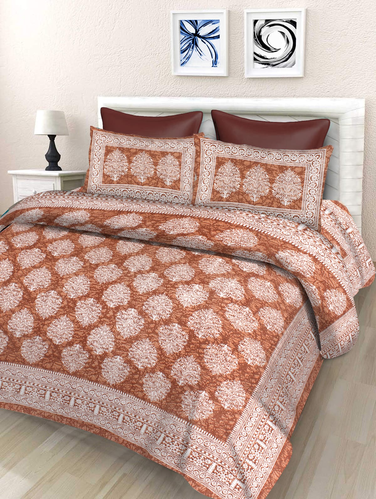 Jaipuri Double Bedsheet Set with Two Pillow Covers - 90x100 Size