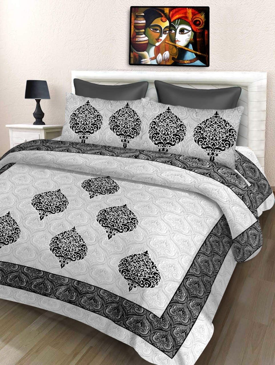 Jaipuri Double Bedsheet Set with Two Pillow Covers - 90x100 Size