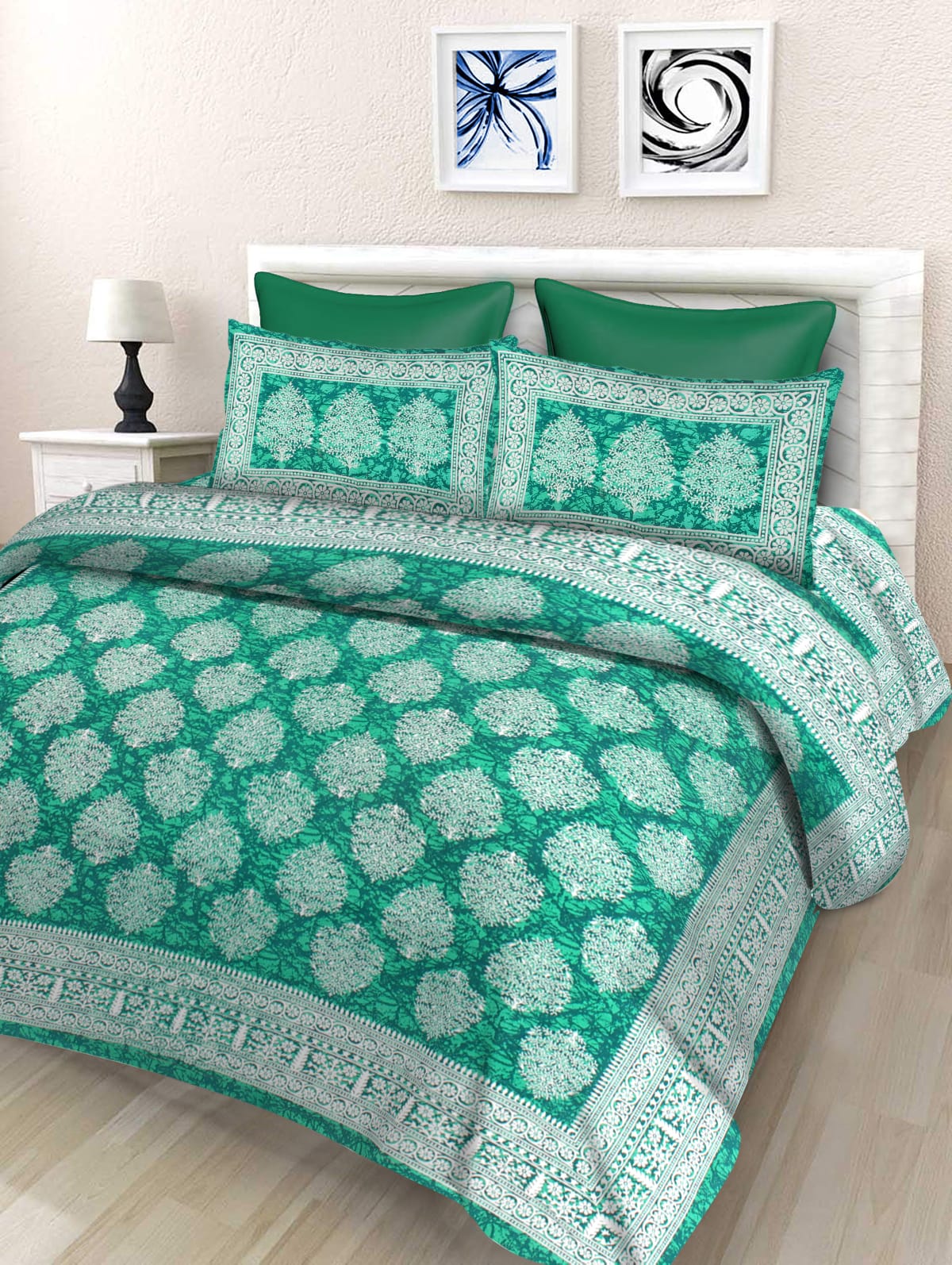 Jaipuri Double Bedsheet Set with Two Pillow Covers - 90x100 Size