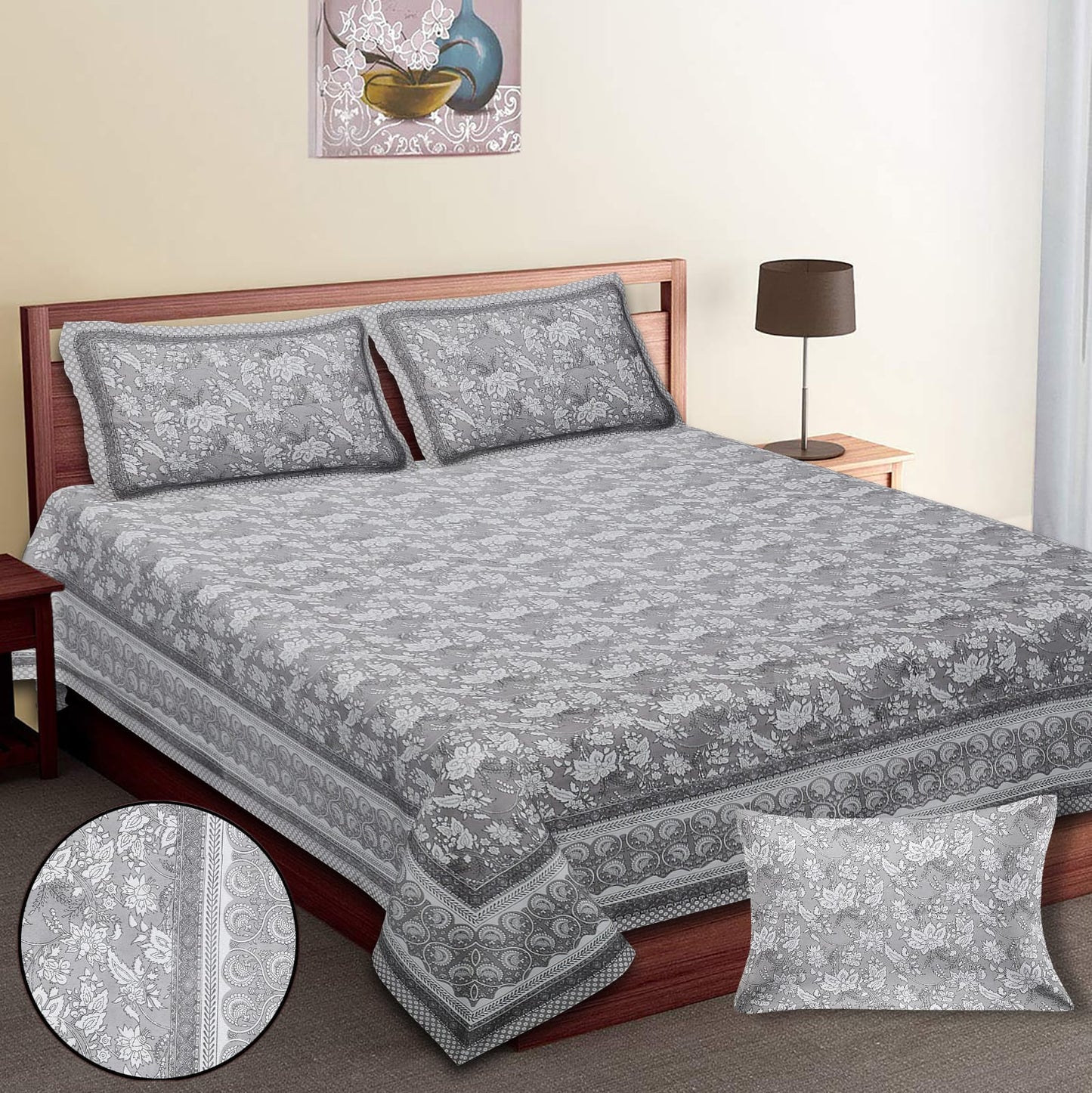 King-Size Bed Sheet Set with 2 Pillow Covers (Cotton Autoloom Fabric)