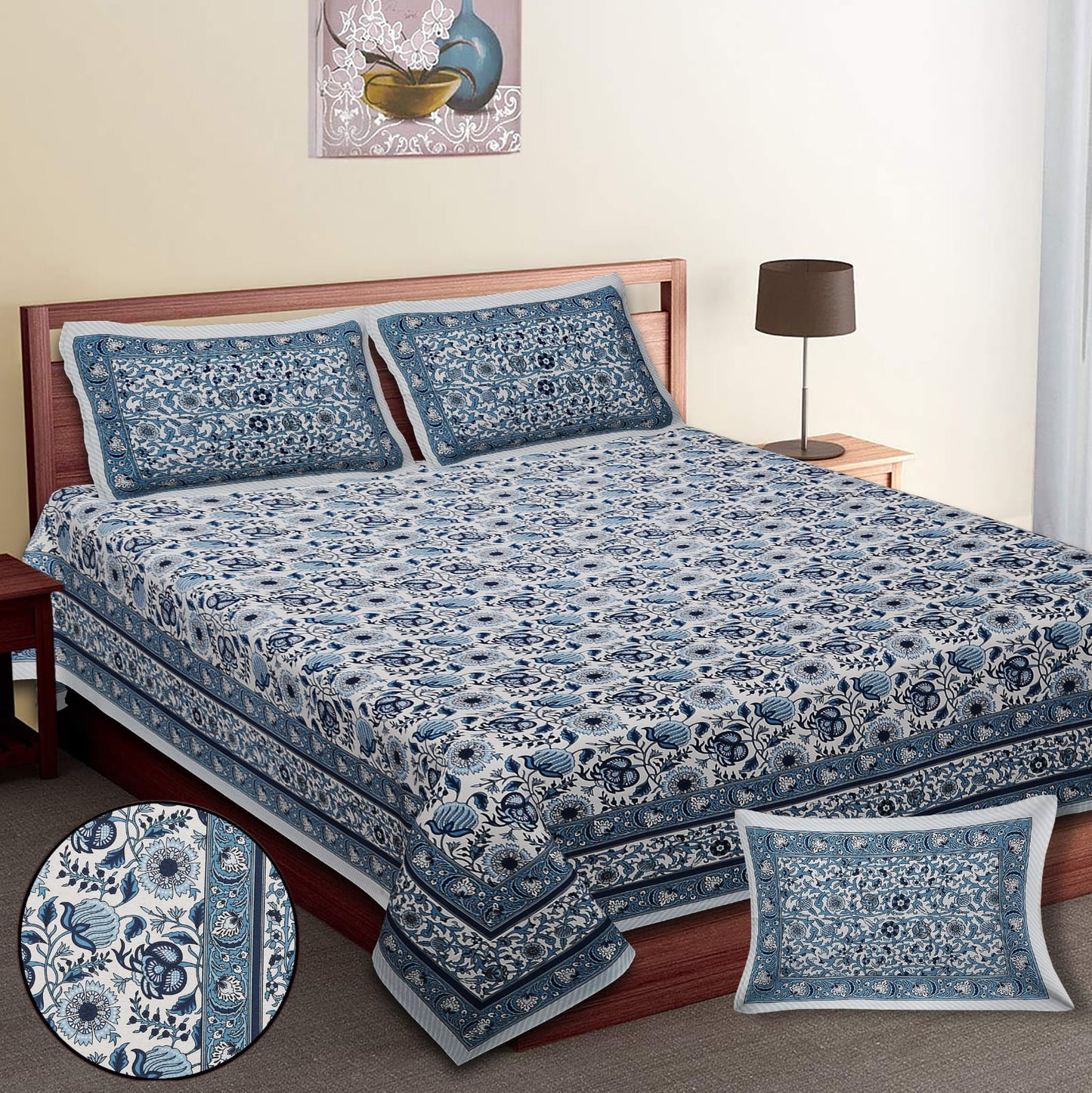 King-Size Cotton Bedsheet Set with Pillow Covers