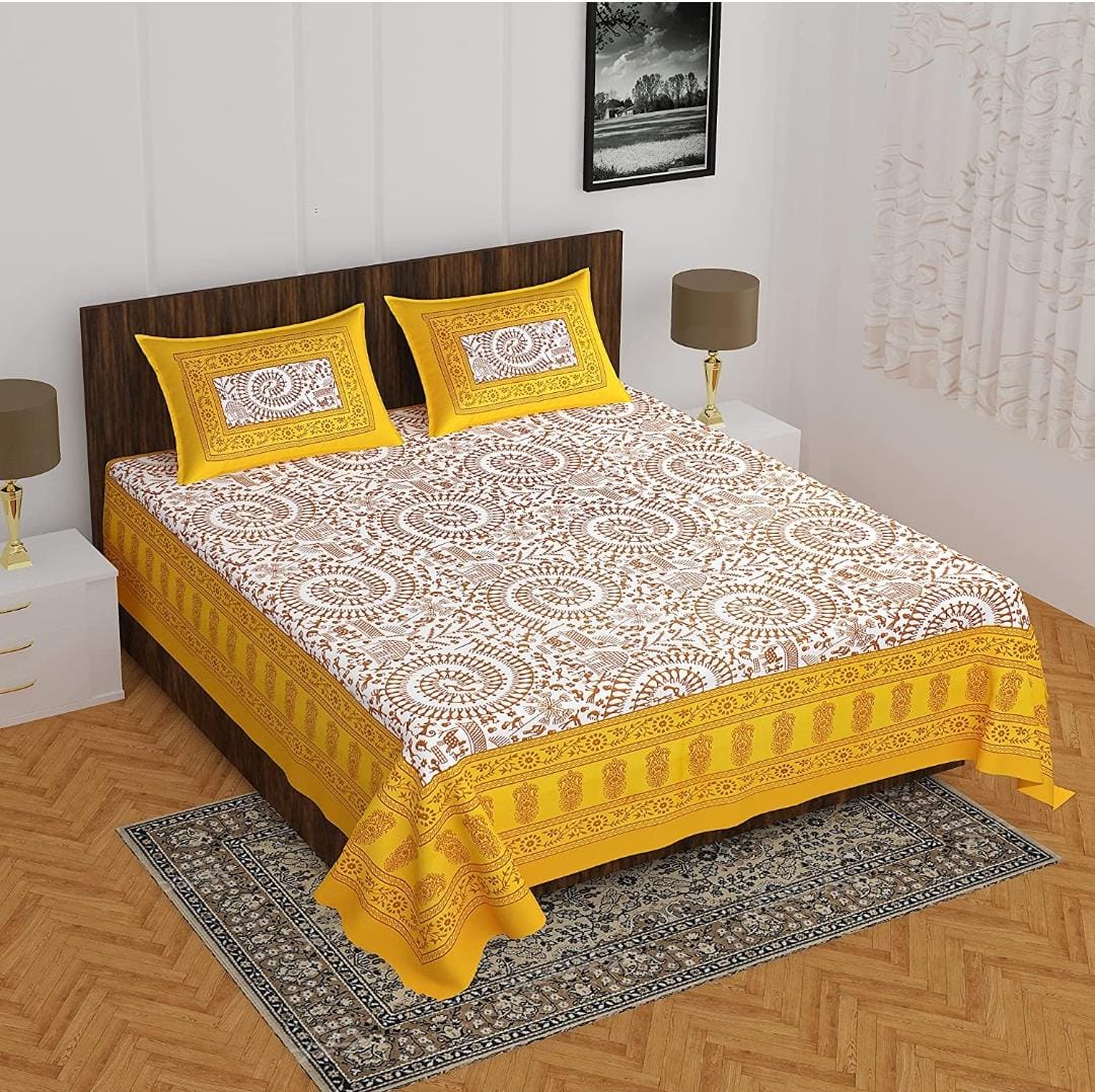 Jaipuri Double Bedsheet Set with Two Pillow Covers - 90x100 Size
