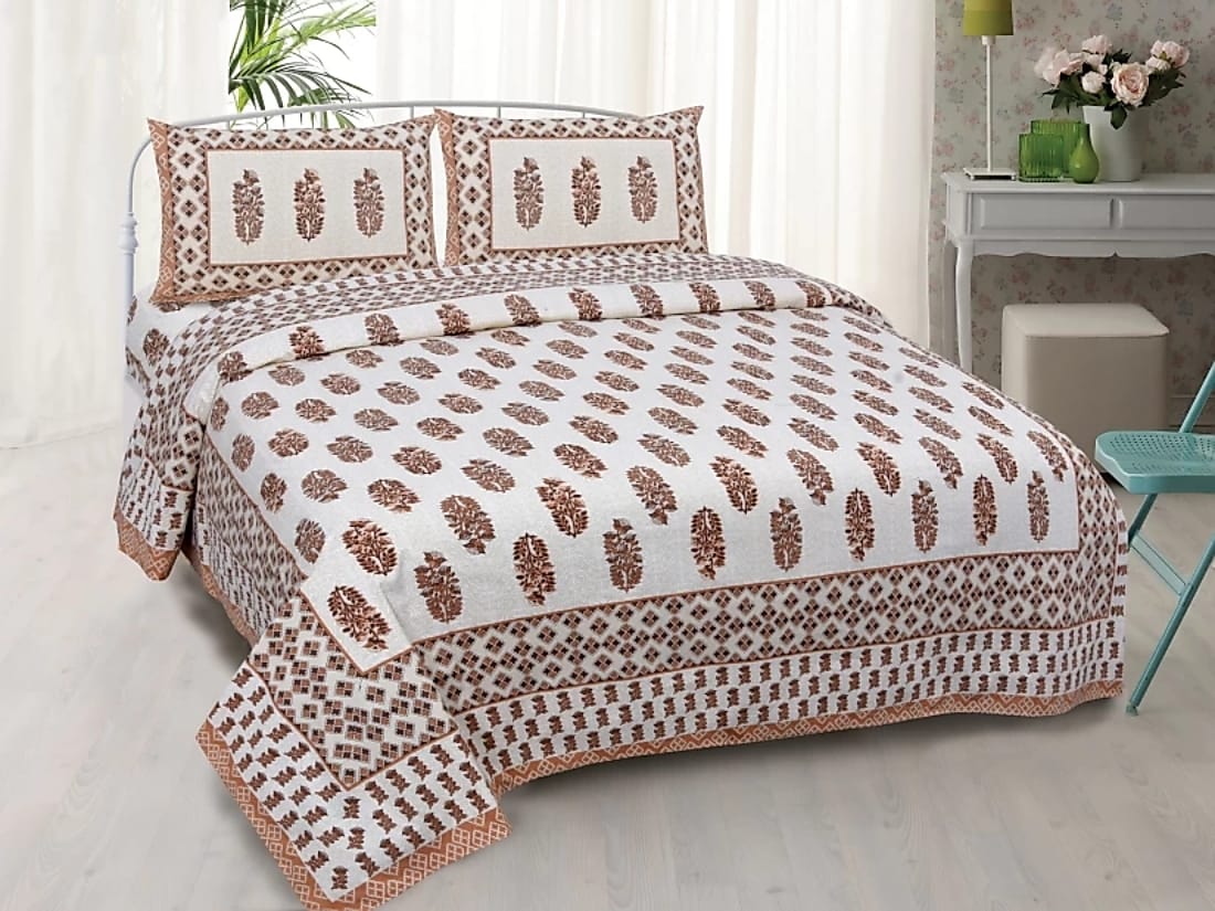 Jaipuri Double Bedsheet Set with Two Pillow Covers - 90x100 Size