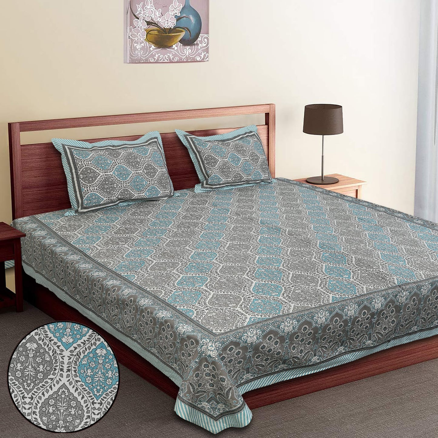 King-Size Bed Sheet Set with 2 Pillow Covers (Cotton Autoloom Fabric)