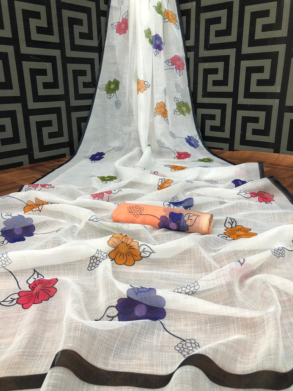 Linen Saree with Kalamkari Pallu and Silver Jari Border - Digital Print