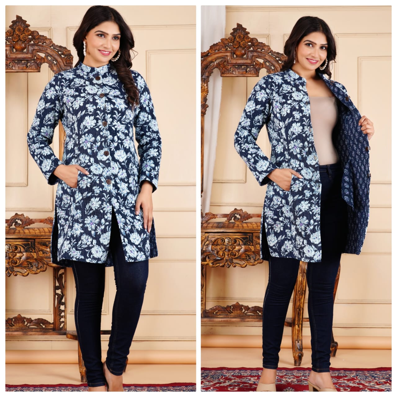 A woman wearing a reversible quilted cotton long coat with a floral pattern on one side and a solid color on the other, featuring a classic design and front pockets.