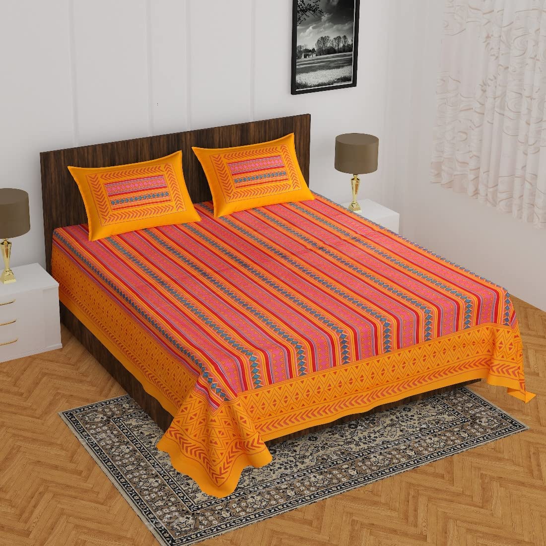 Jaipuri Double Bedsheet Set with Two Pillow Covers - 90x100 Size