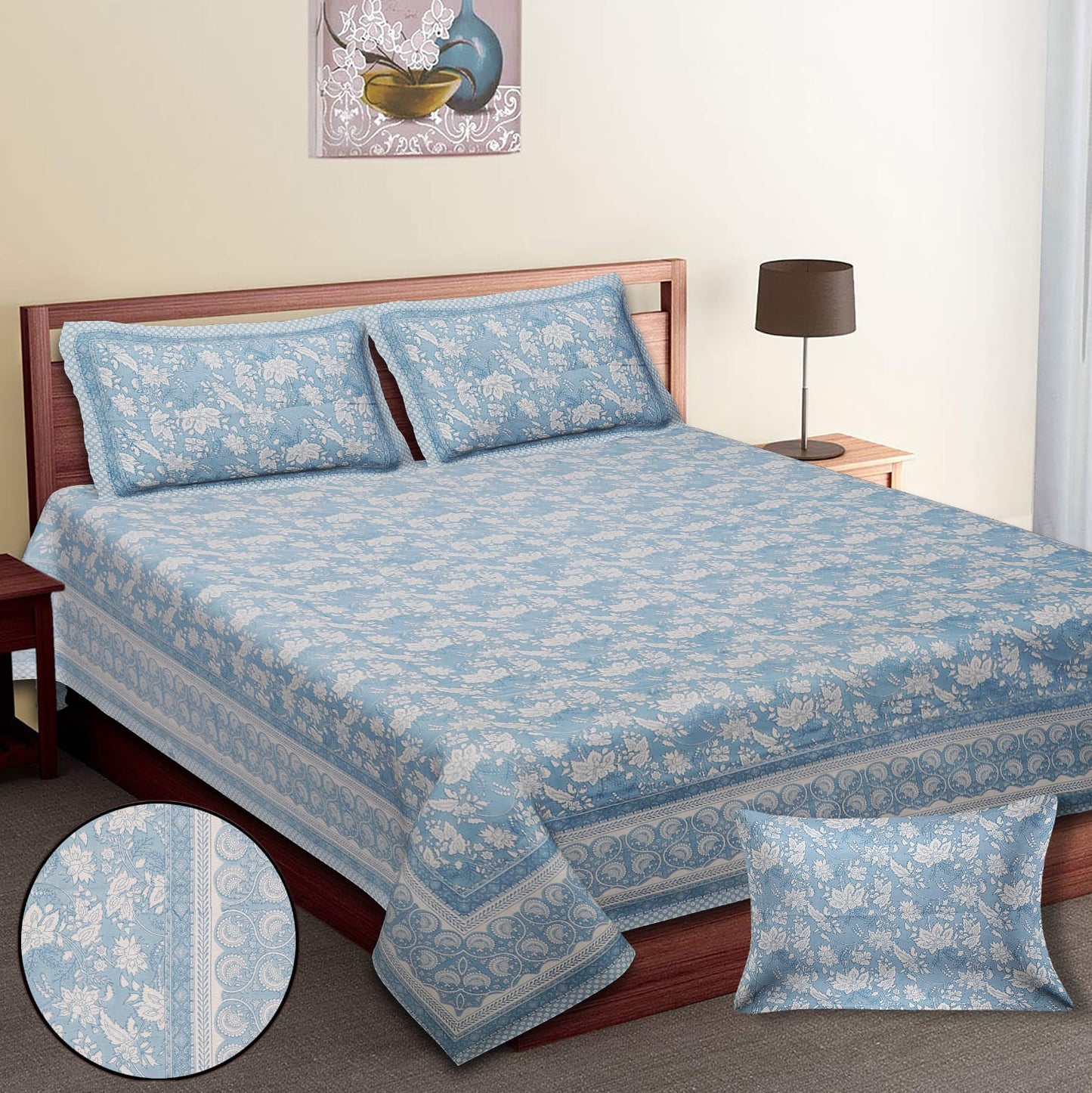 King-Size Cotton Bedsheet Set with Pillow Covers