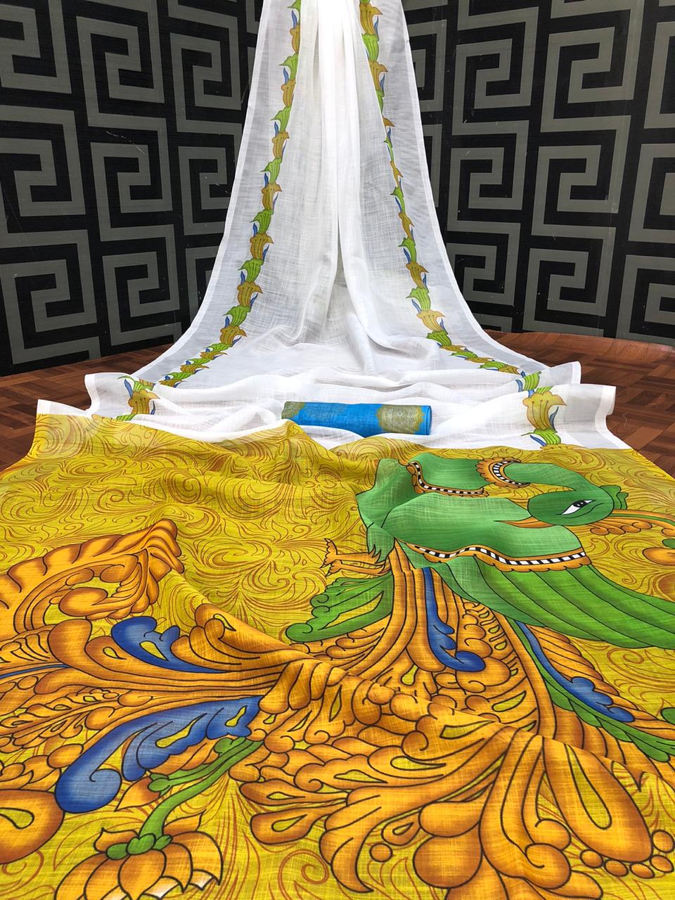 Linen Saree with Kalamkari Pallu and Silver Jari Border - Digital Print