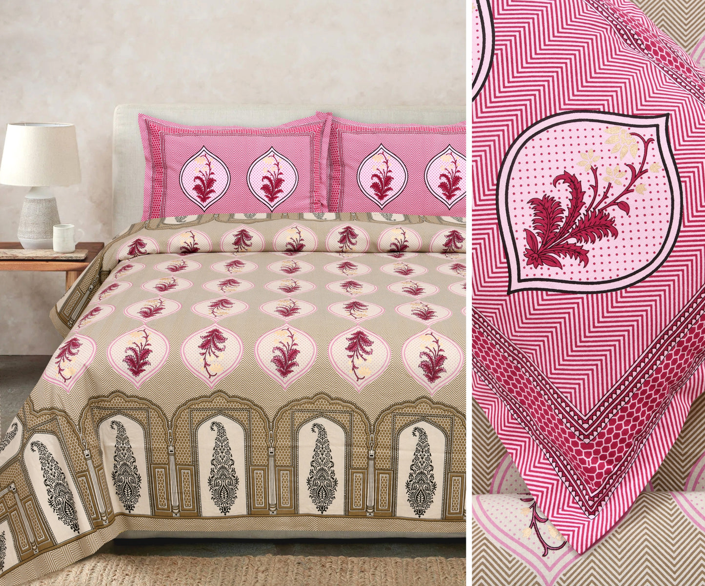 Gold Printed Cotton Bedsheet Set with Coordinating Pillow Covers