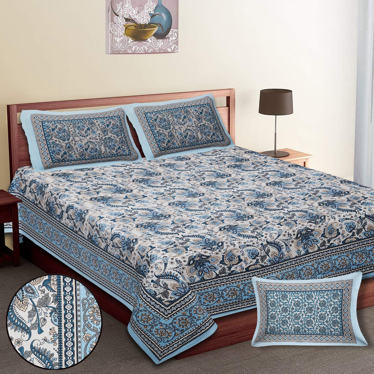 King-Size Bed Sheet Set with 2 Pillow Covers (Cotton Autoloom Fabric)