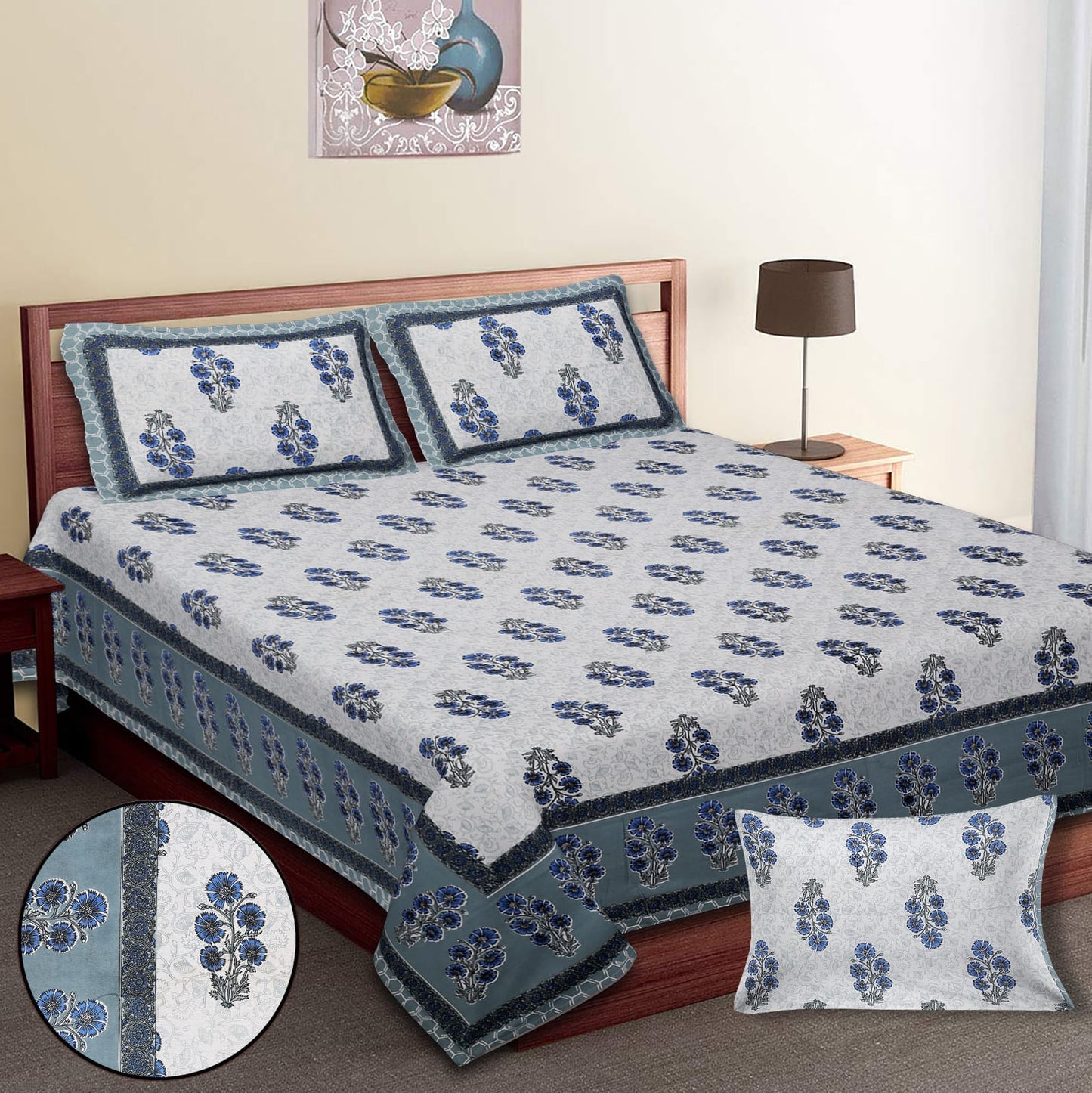 King-Size Bed Sheet Set with 2 Pillow Covers (Cotton Autoloom Fabric)