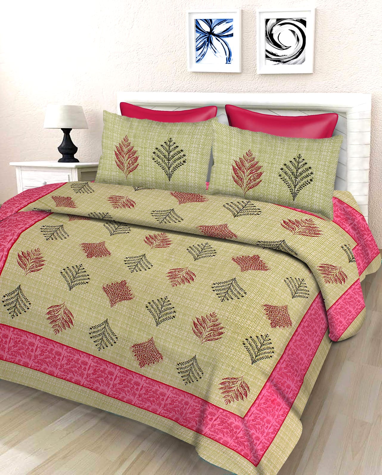 Jaipuri Double Bedsheet Set with Two Pillow Covers - 90x100 Size