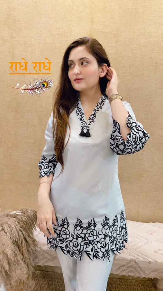 Light Grey Cutwork Embroidery Co-Ord Set in Rayon Fabric