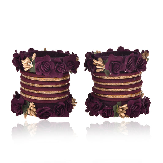 Sukriti Beautiful Handcrafted Wine Flower Designer Silk thread Bridal Chuda Wedding Bangles for Women – Set of 22