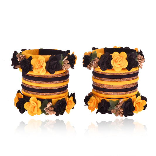 Sukriti Beautiful Handcrafted YellowBlack Flower Designer Silk thread Bridal Chuda Wedding Bangles for Women – Set of 22