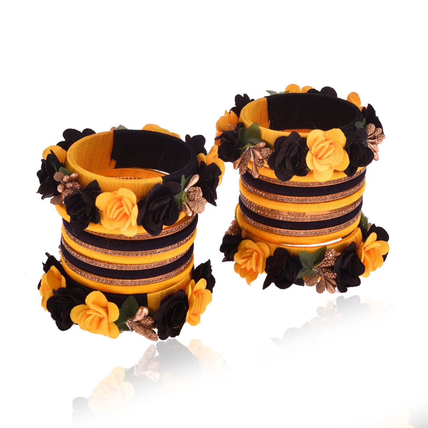 Sukriti Beautiful Handcrafted YellowBlack Flower Designer Silk thread Bridal Chuda Wedding Bangles for Women – Set of 22