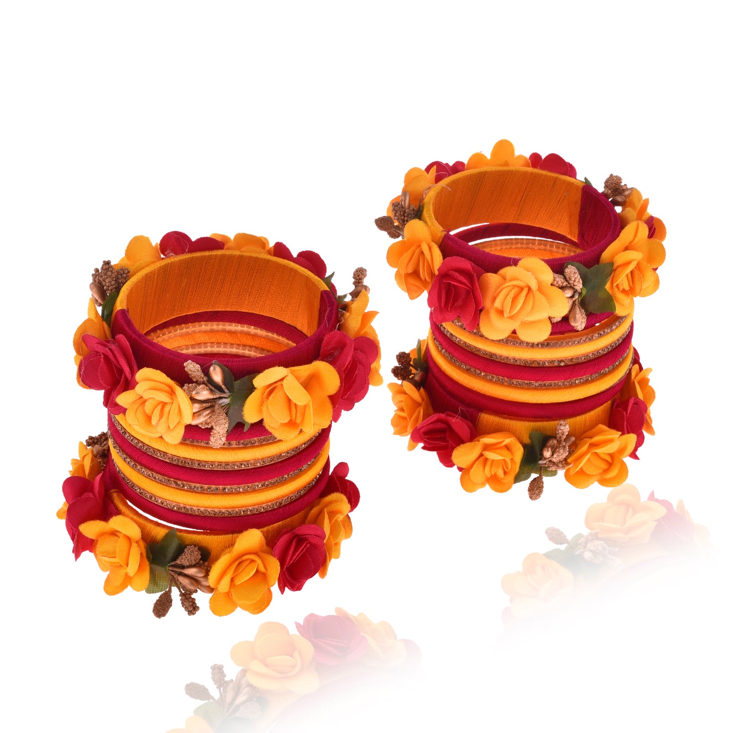 Sukriti Beautiful Handcrafted YellowMagenta Flower Designer Silk thread Bridal Chuda Wedding Bangles for Women – Set of 22