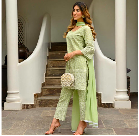 Green Cotton Chickenkari Embroidered Kurta Set with Dupatta