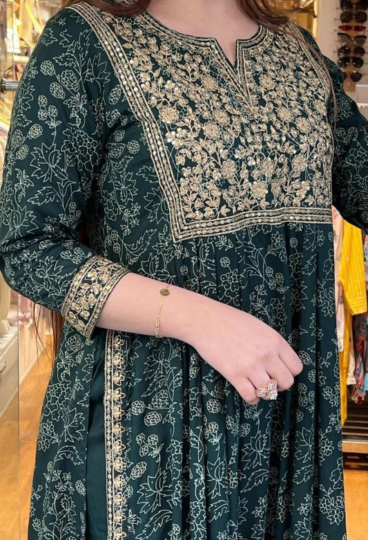 Premium Rayon Anarkali Kurta with Heavy Work Neckline, Gota Details, and Matching Pant, Dupatta