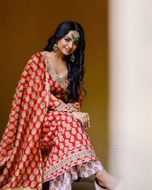 Hand Block Printed Cotton Pakistani Suit with Gota Lace Work, Pant, and Dupatta Set