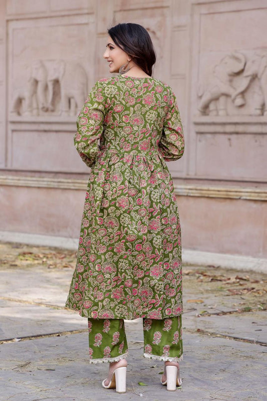 Elegant Green Cotton Alia Cut Anarkali Kurti Set with Gotta Lace Detailing and Cotton Dupatta