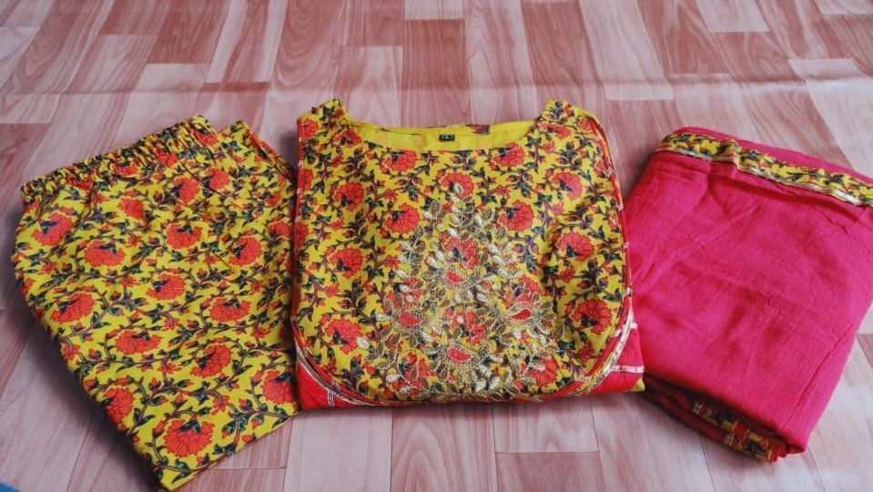 Exquisite Handcrafted Anarkali Kurti Set in Yellow with Intricate Gotta Detailing